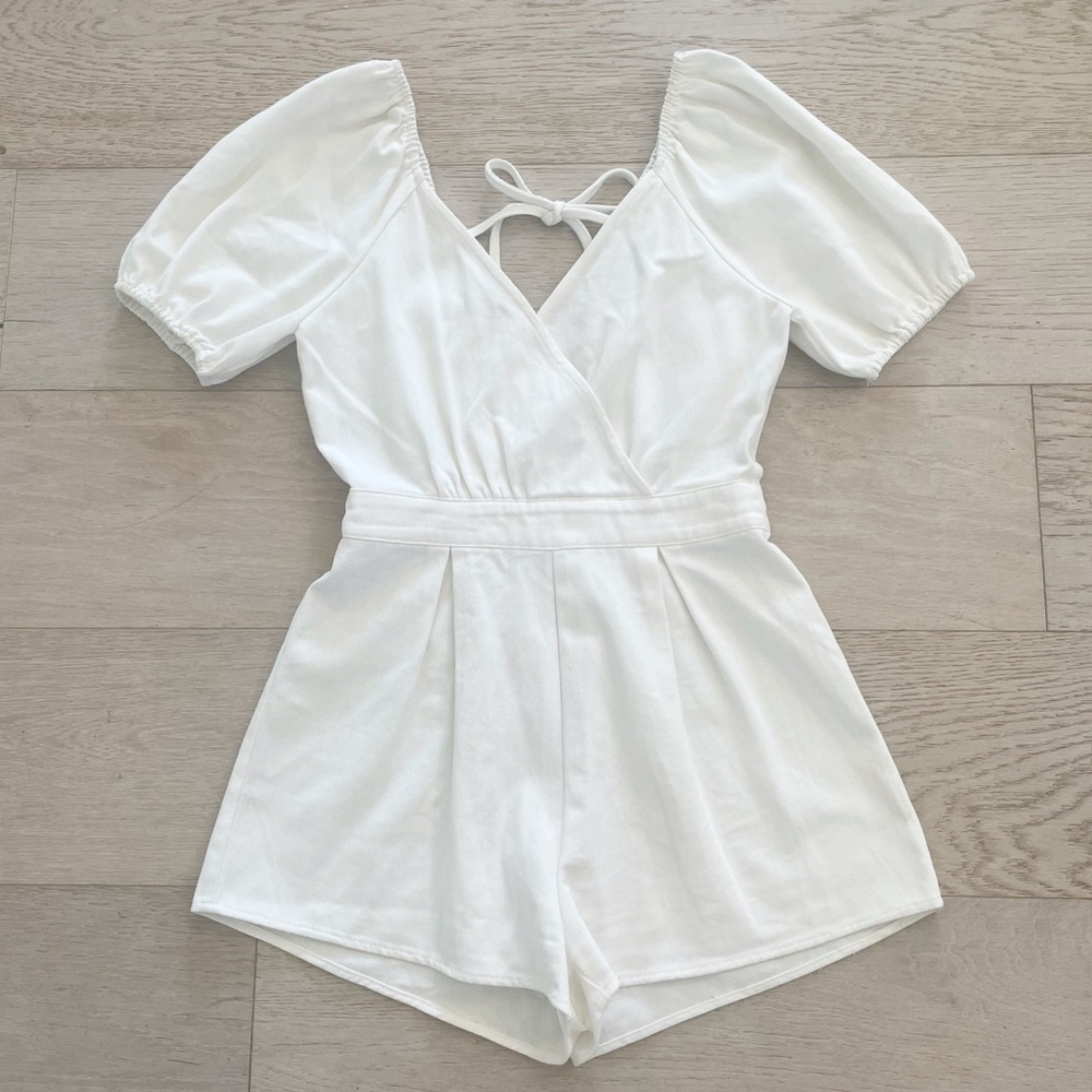 Blue Blush White Denim Open Back Puff Sleeve Romper